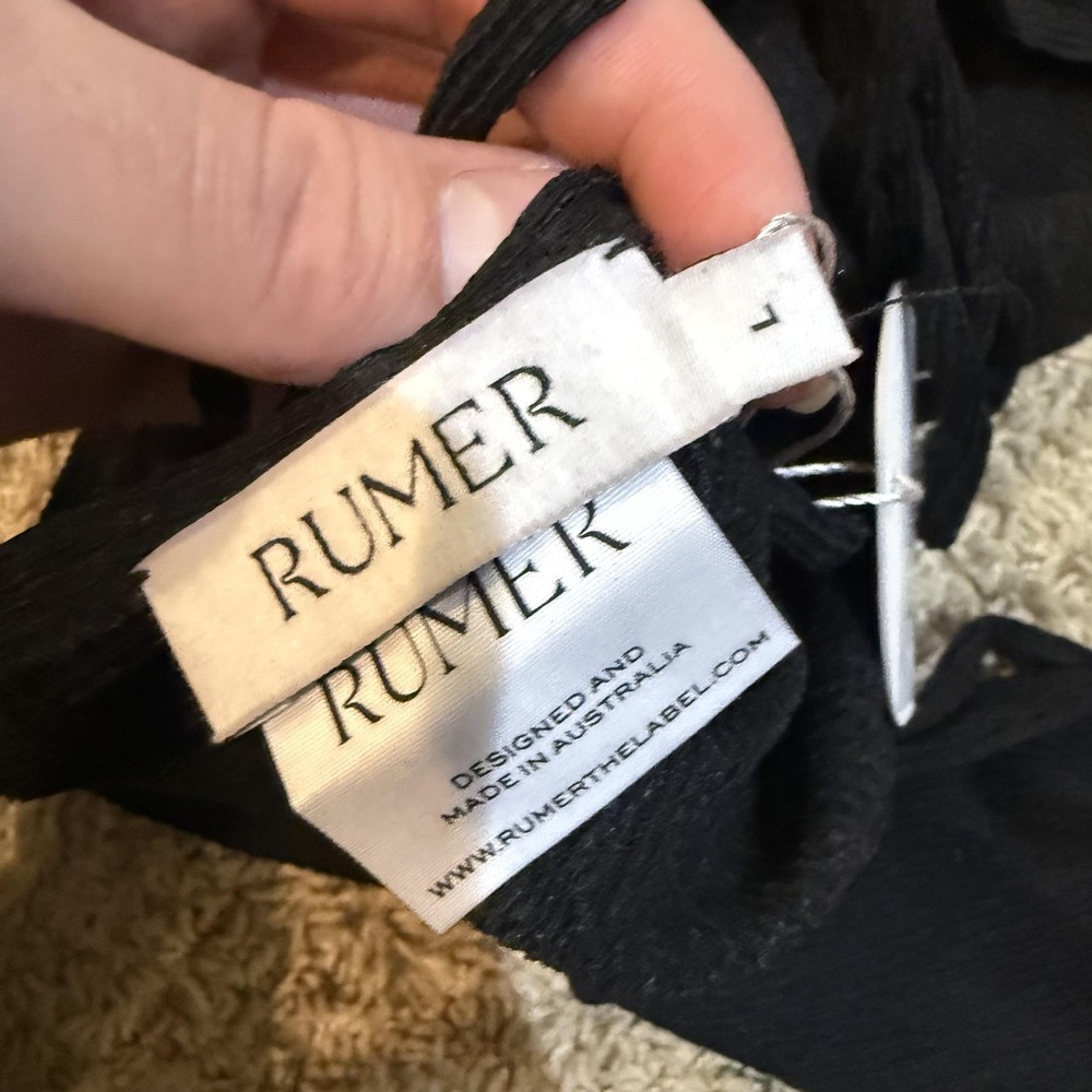 RUMER Blouse Womens L Black Tucker Crop Long Bell Sleeve Scoop Neck Textured Top - Picture 5 of 7